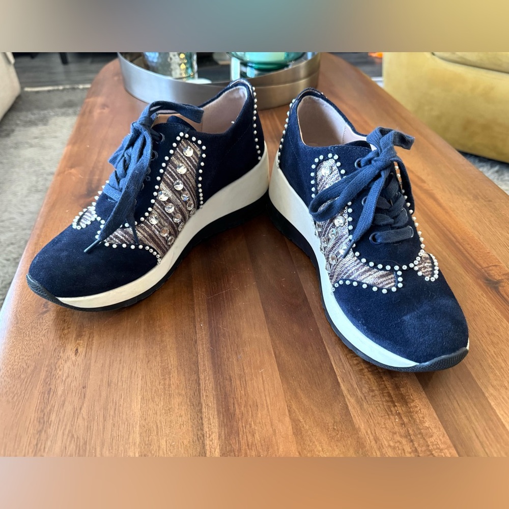 Desigual Wedge Pearl Suede Trainers with Crystal & Pearl Detail - Picture 5 of 12